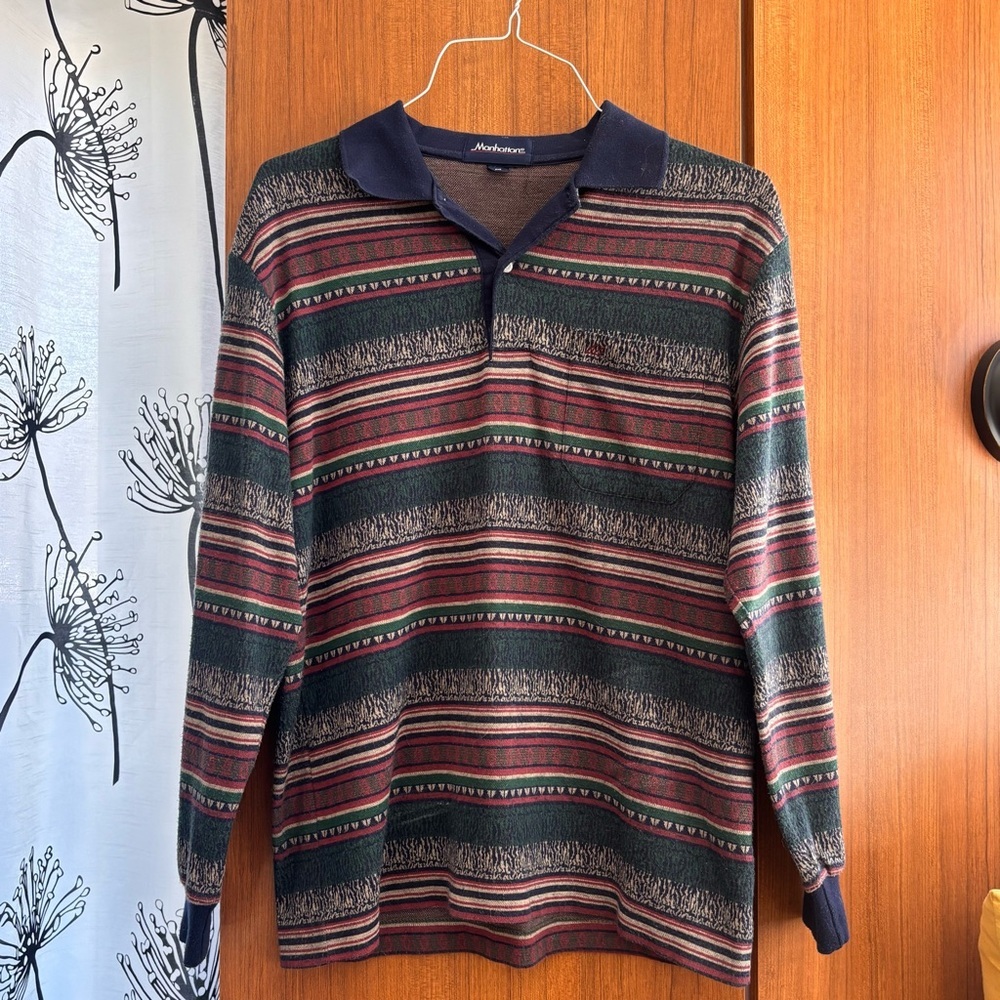 Vintage Manhattan Striped Long Sleeve Polo Rugby Shirt Grandpa Core Size M